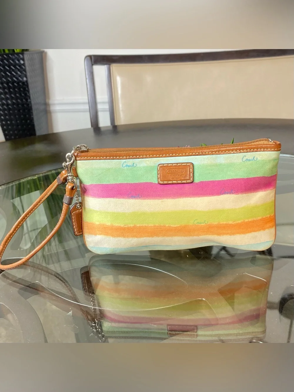 Coach Watercolor Rainbow Stripe Canvas Leather Wristlet Pouch Multicolor 41202